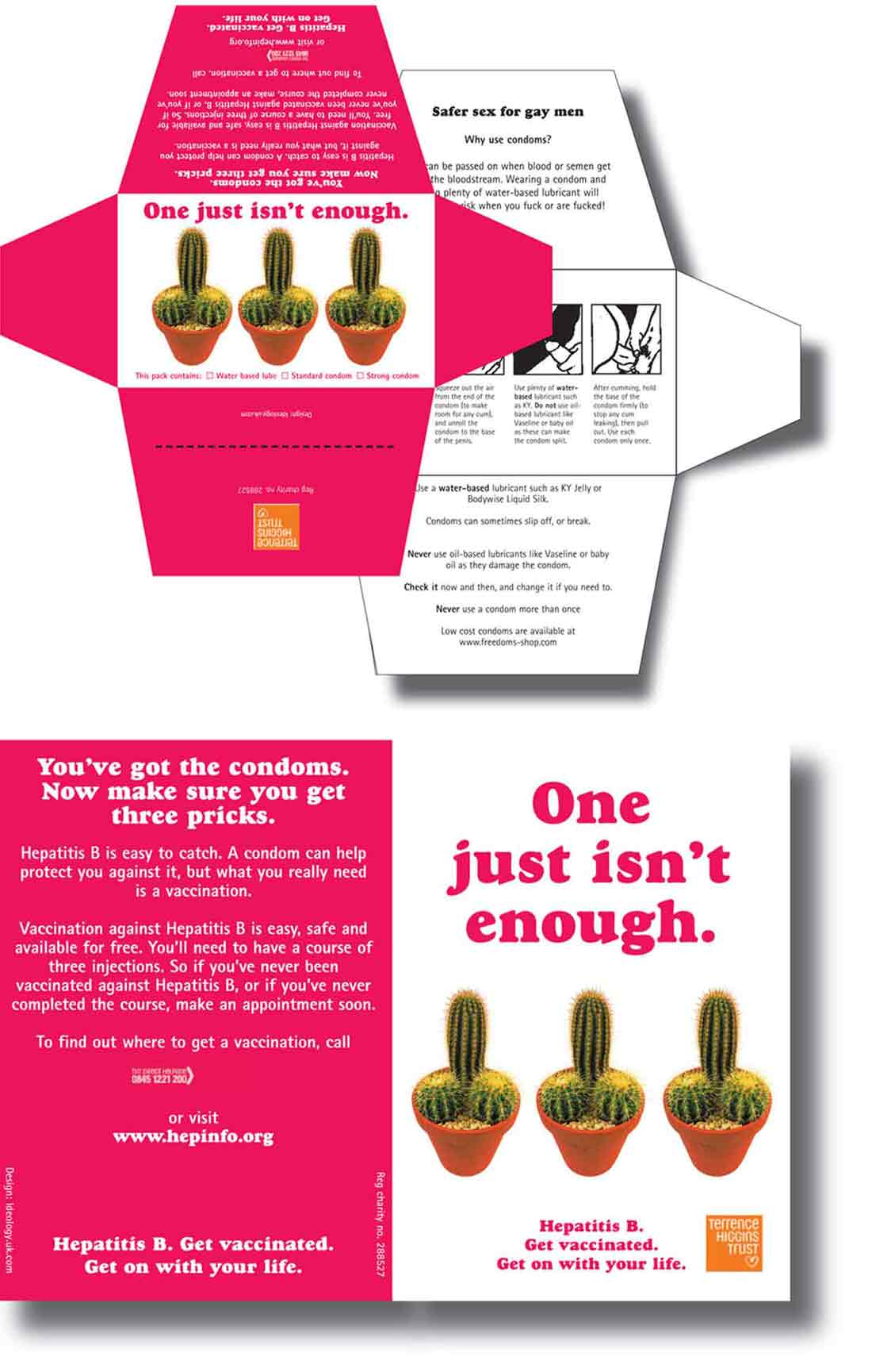 Terence Higgins Trust Hepatitis B "Three Pricks" campaign condom pack and postcard designed by ideology.uk.com