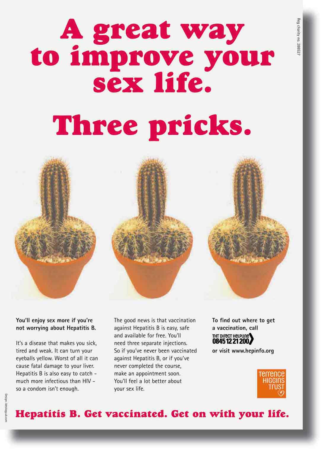 Terence Higgins Trust Hepatitis B "Three Pricks" campaign poster designed by ideology.uk.com