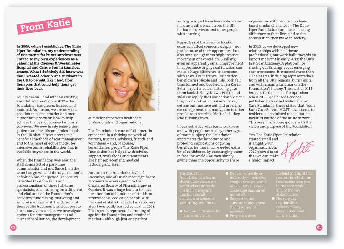 Katie Piper Foundation annual review/campaign designed by ideology.uk.com