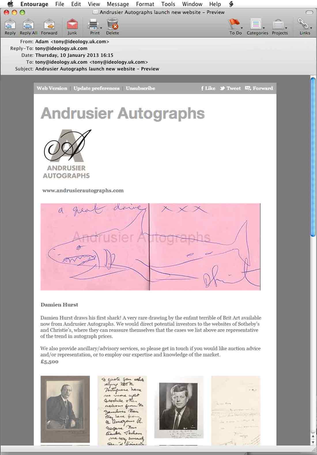 andrusier autographs email newsletter designed by ideology.uk.com